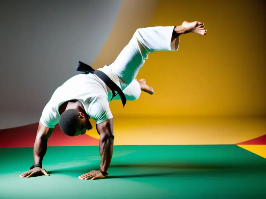 Practicante de capoeira ejecutando una secuencia acrobática con intensa concentración y precisión