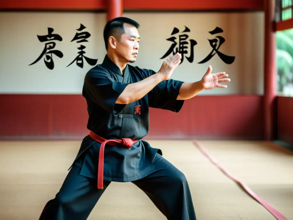 Un practicante de Choy Li Fut ejecutando técnicas poderosas con determinación y precisión en un salón de entrenamiento de artes marciales chinas