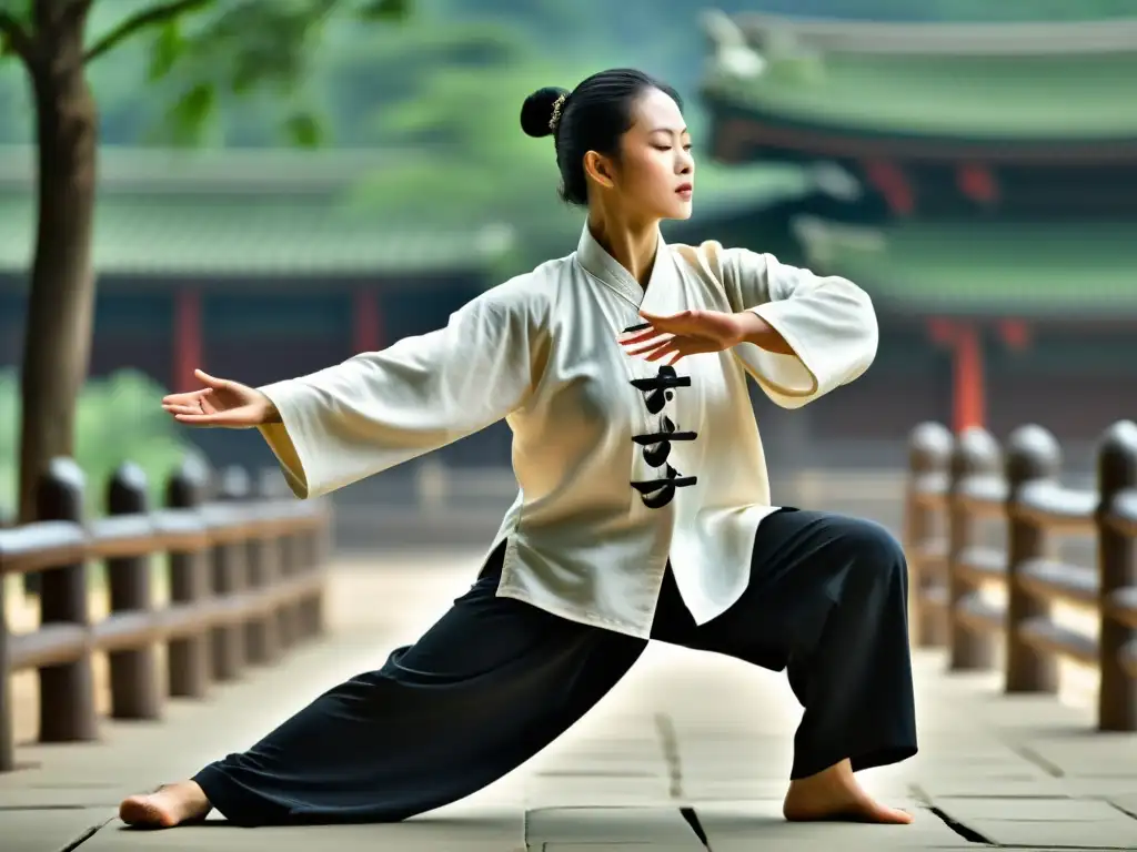 Maestro de Tai Chi: armonía y fuerza en movimiento Practicante de Tai Chi Chuan en armoniosa fusión del arte marcial y la calma espiritual, mostrando concentración y fuerza interior