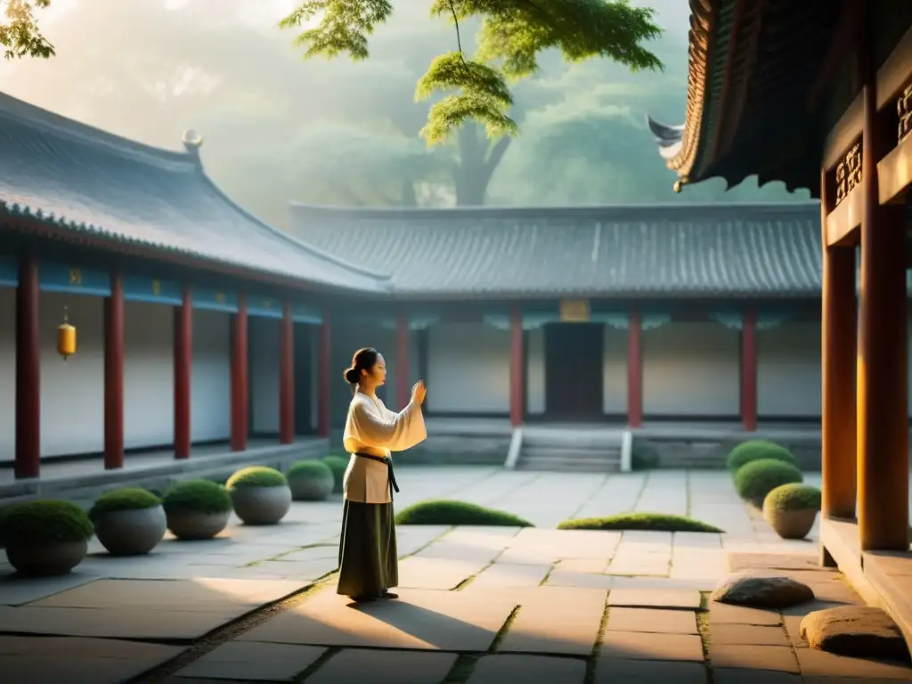 Tai Chi al amanecer: serenidad en un patio chino Un practicante de Tai Chi Chuan fusiona gracia y meditación en un patio chino tradicional al amanecer, creando una atmósfera serena y contemplativa