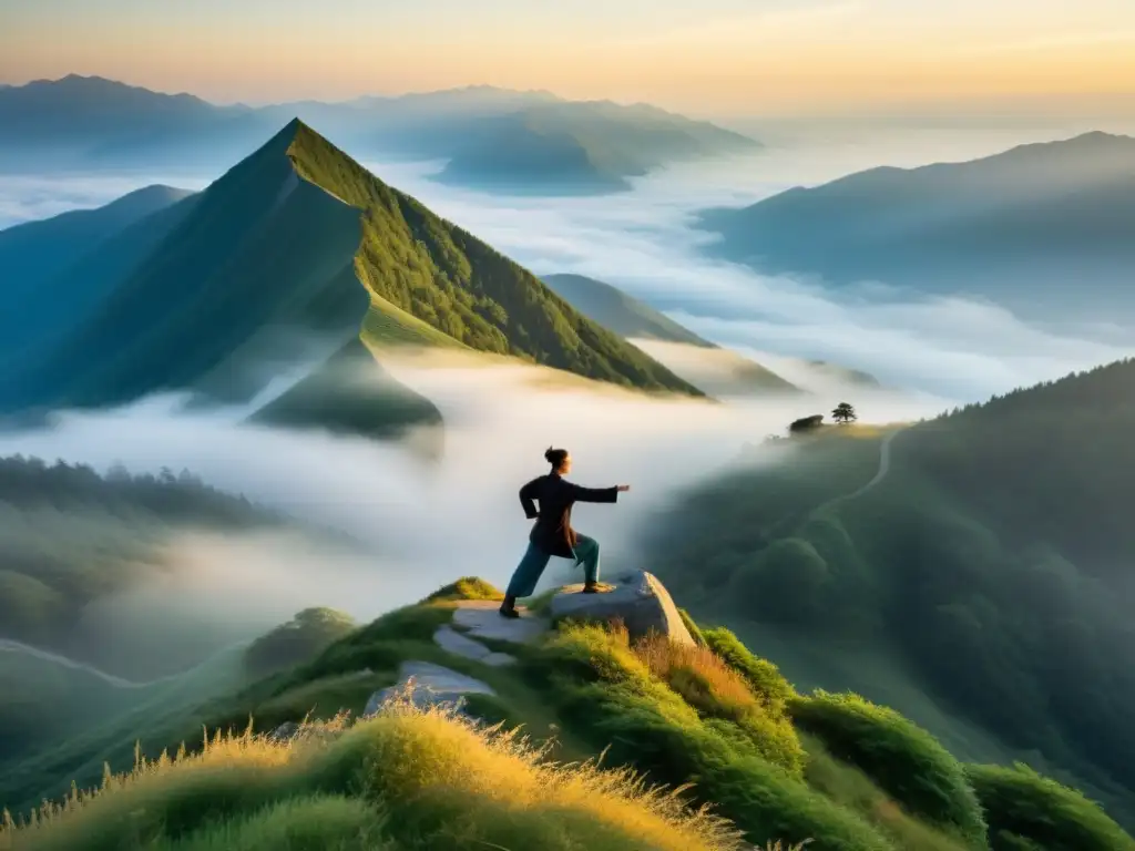 Un practicante de Tai Chi en la cima neblinosa de la montaña al amanecer, en perfecta armonía con la naturaleza