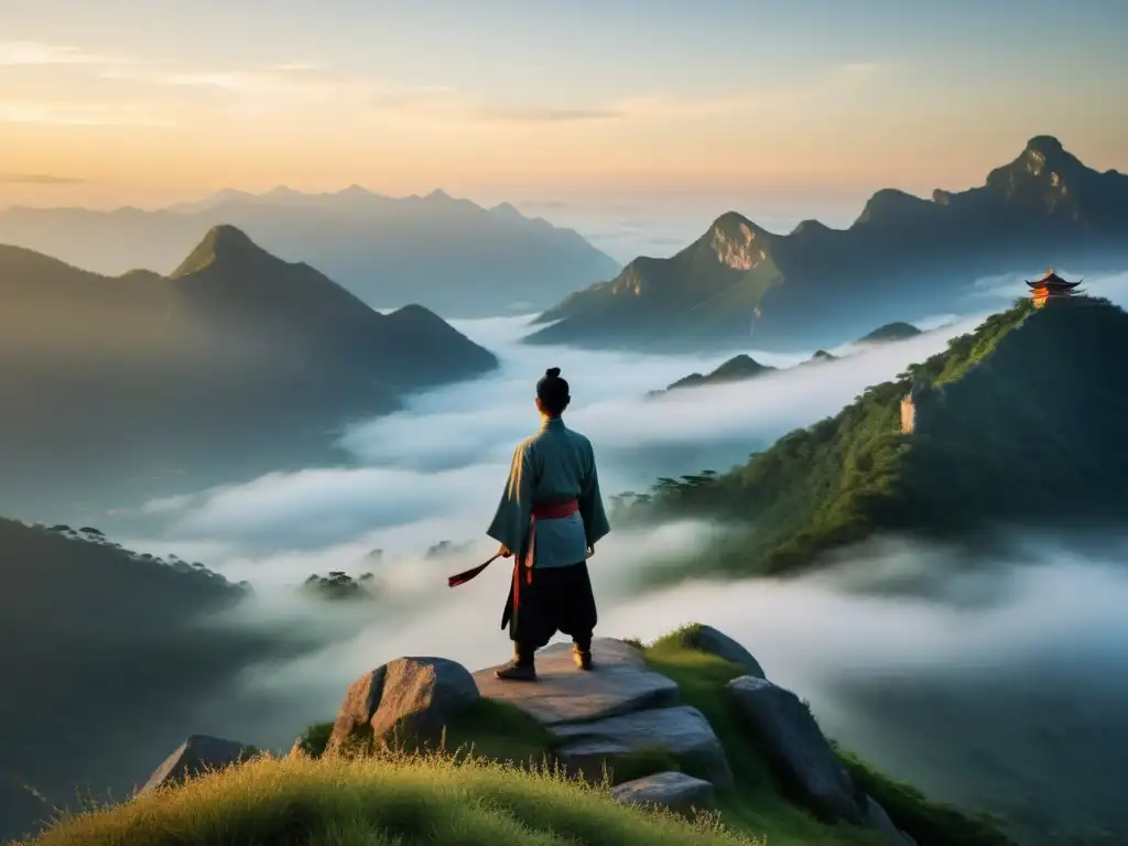 Un practicante de Kung Fu realiza Qi Gong al amanecer en la cima de una montaña, sumergido en la serenidad del entorno