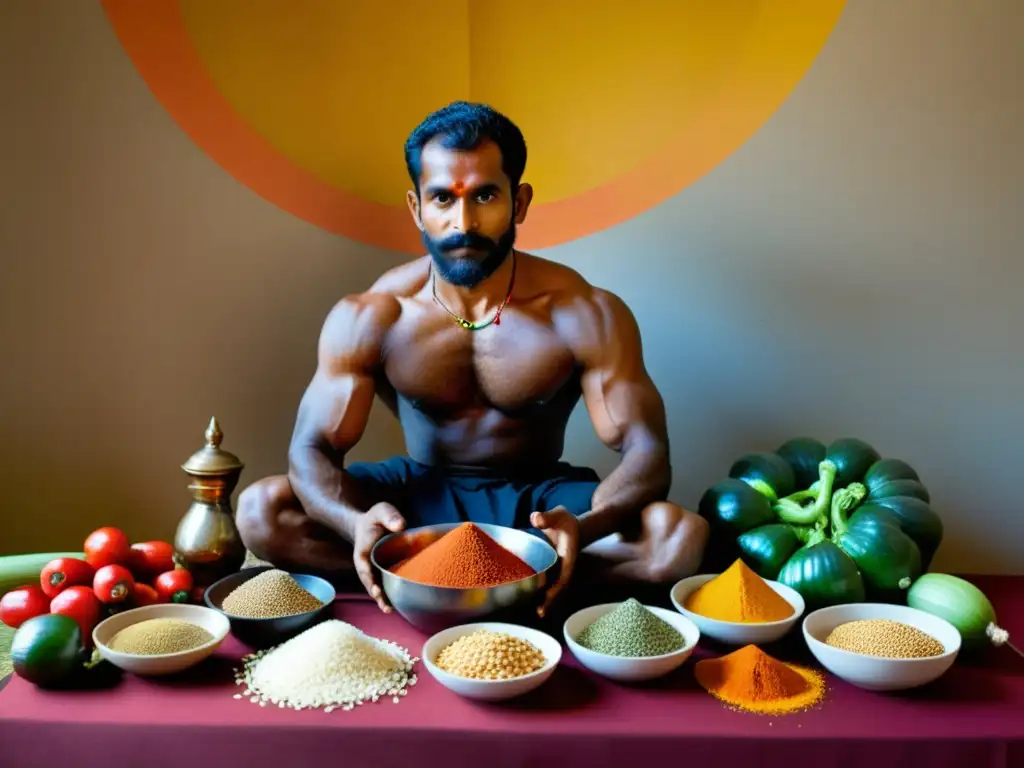 Un practicante de Kalaripayattu preparando una comida tradicional con ingredientes vibrantes y frescos, evocando la nutrición para el practicante de Kalaripayattu