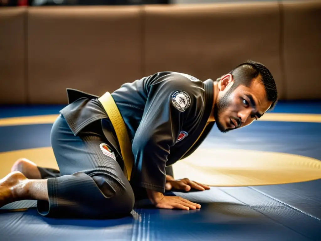 Un practicante de Brazilian Jiu Jitsu, concentrado en su técnica en un kimono negro de alta calidad en un dojo lleno de energía