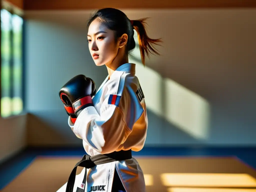 Un practicante dedicado de taekwondo entrena con precisión en casa, mostrando determinación y disciplina