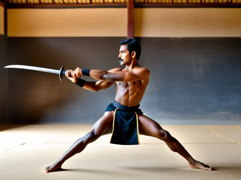 Un practicante de Kalaripayattu muestra destreza con el Urumi, arma tradicional