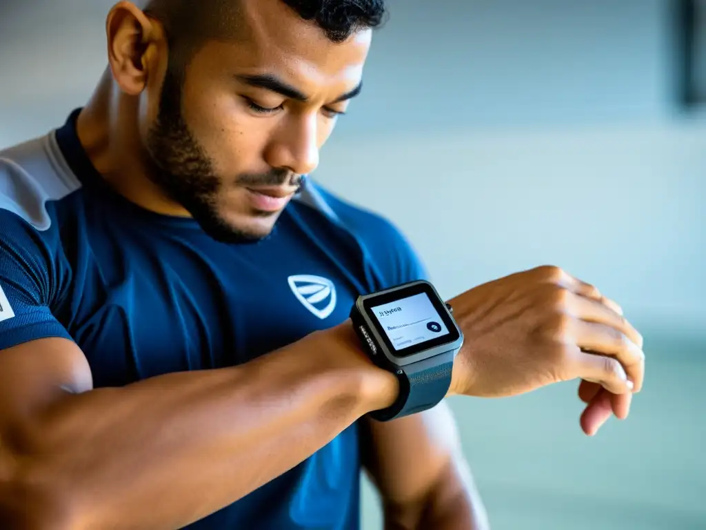 Un practicante de BJJ usa un dispositivo wearable de alta tecnología para monitorizar su entrenamiento en un bullicioso gimnasio de BJJ