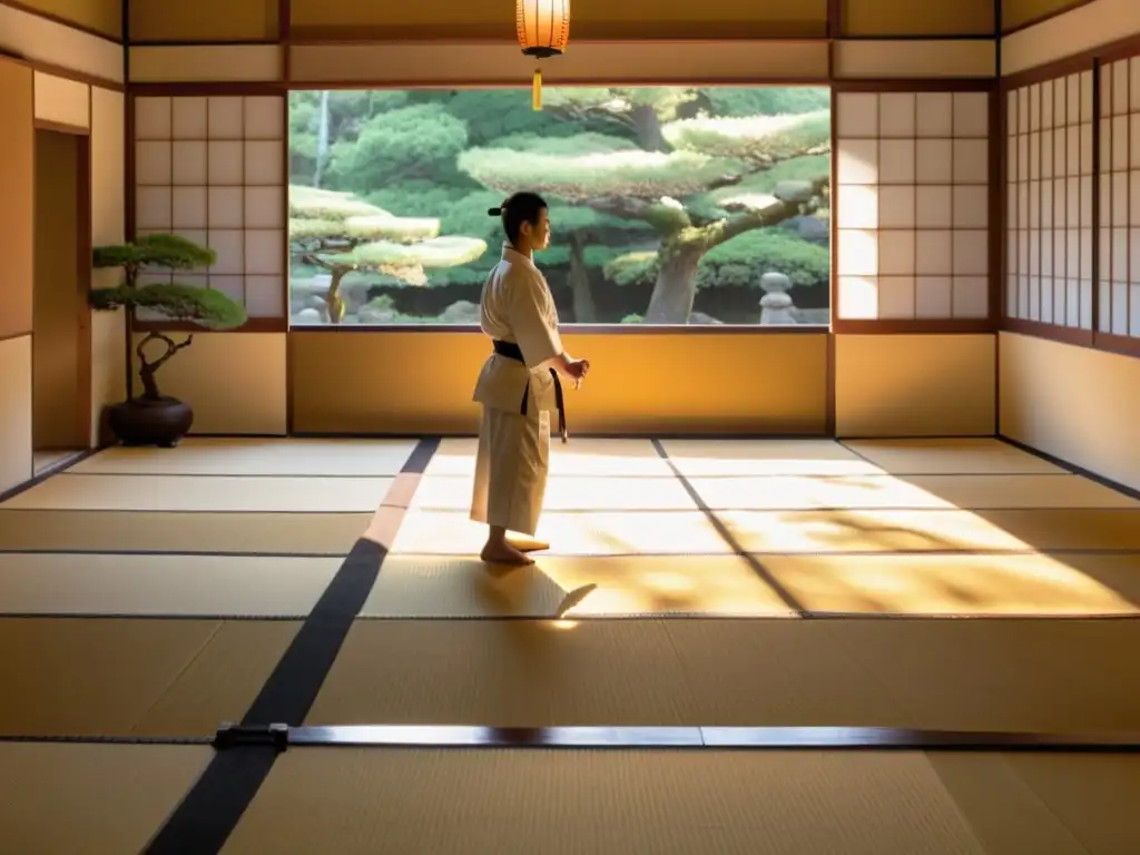 Un practicante de karate medita en un dojo japonés, reflejando la Filosofía del Karate-Do: Principios esenciales