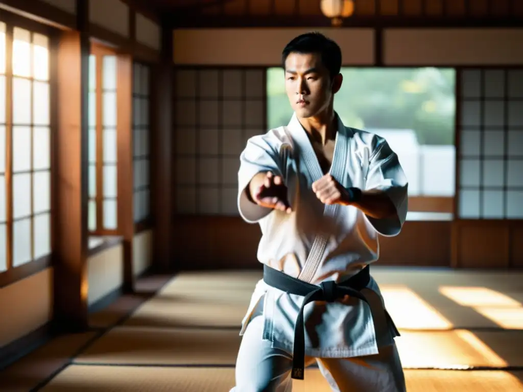 Un practicante de karate en un dojo tradicional, iluminado por la suave luz del sol