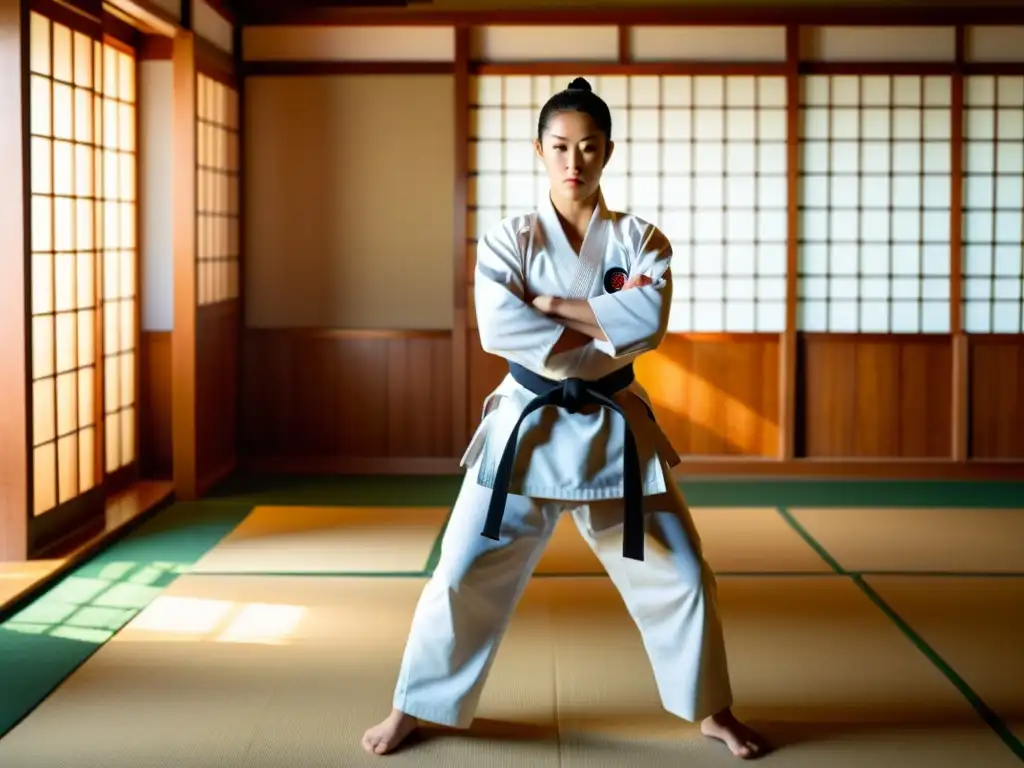 Un practicante de karate se para en un dojo tradicional, rodeado de muñecos de entrenamiento de madera y armas de práctica