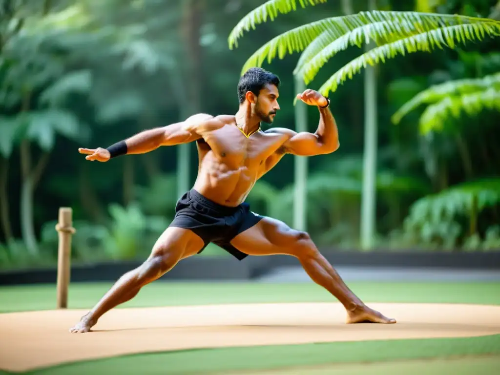 Un practicante de Kalaripayattu realiza ejercicios de calentamiento, enfocado y ágil para prevenir lesiones