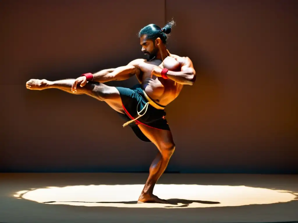 Un practicante de Kalaripayattu demuestra ejercicios de calentamiento, destacando flexibilidad y fuerza