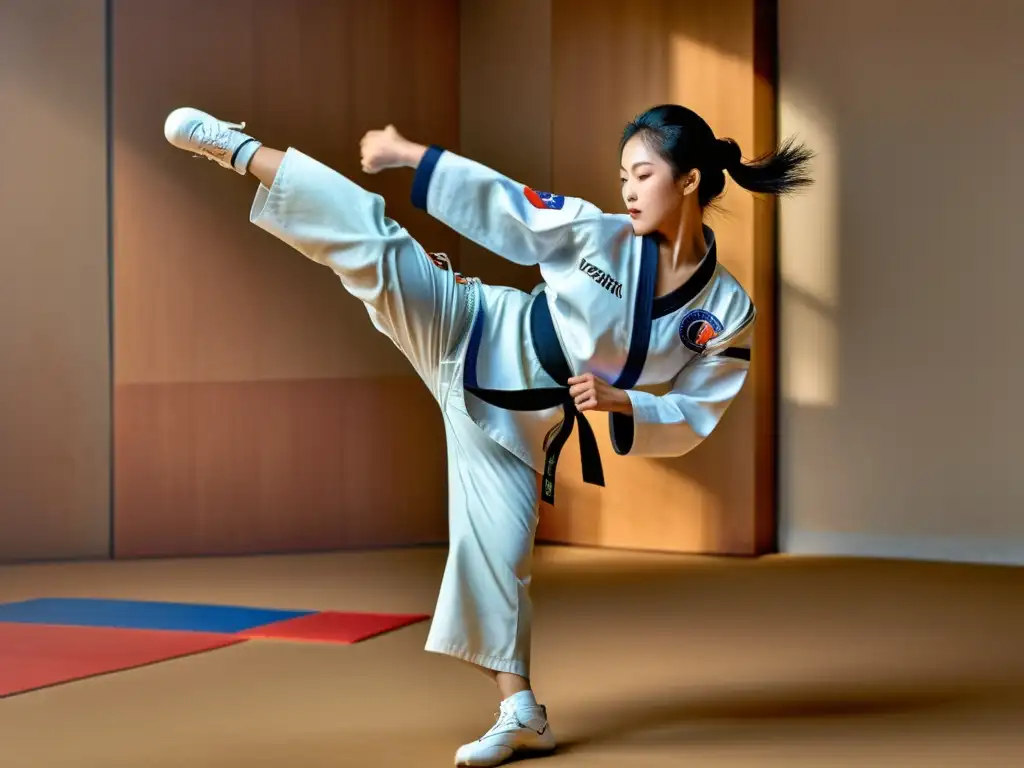 Un practicante elegante y poderoso de taekwondo en pleno salto, ejecutando una impecable patada alta con precisión y gracia