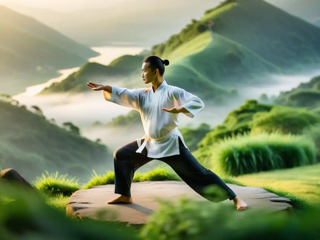 Practicante de tai chi en entorno natural, con luz suave