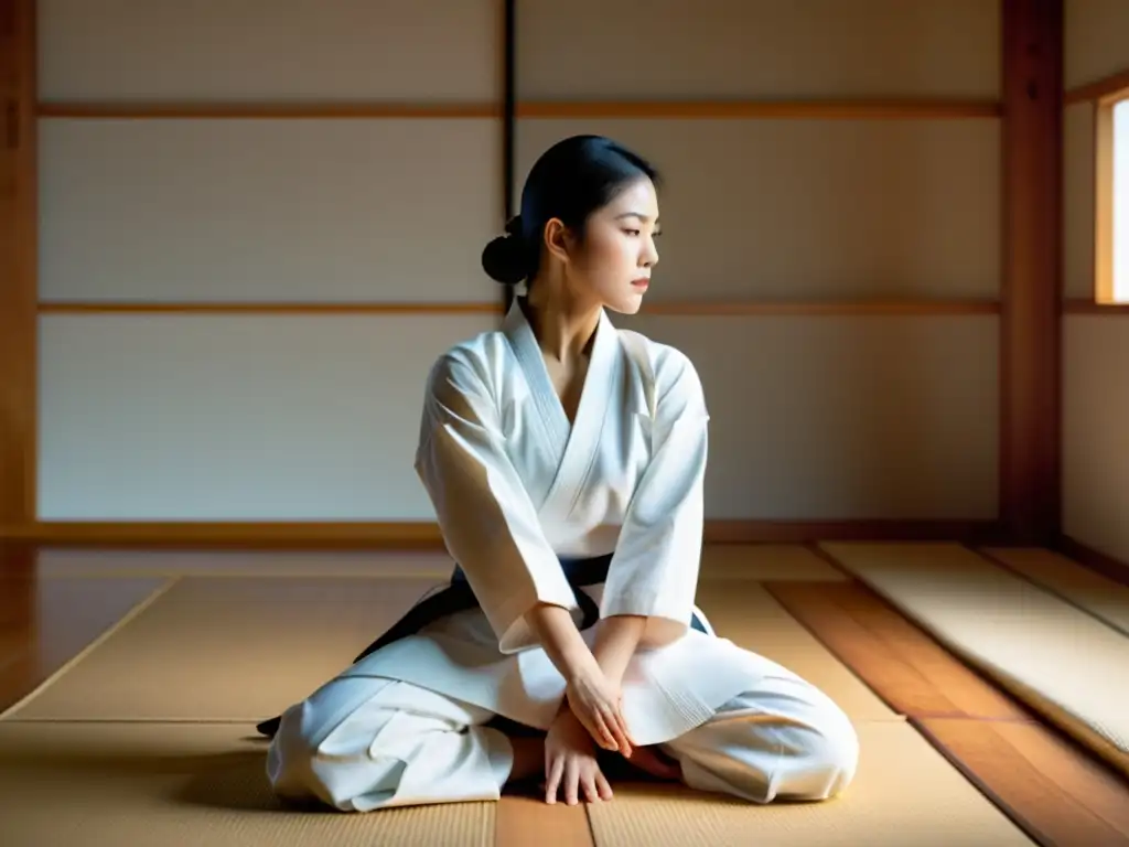 Una practicante experimentada de Aikido ejecuta una técnica precisa y poderosa, irradiando fuerza y empoderamiento femenino en un sereno dojo iluminado