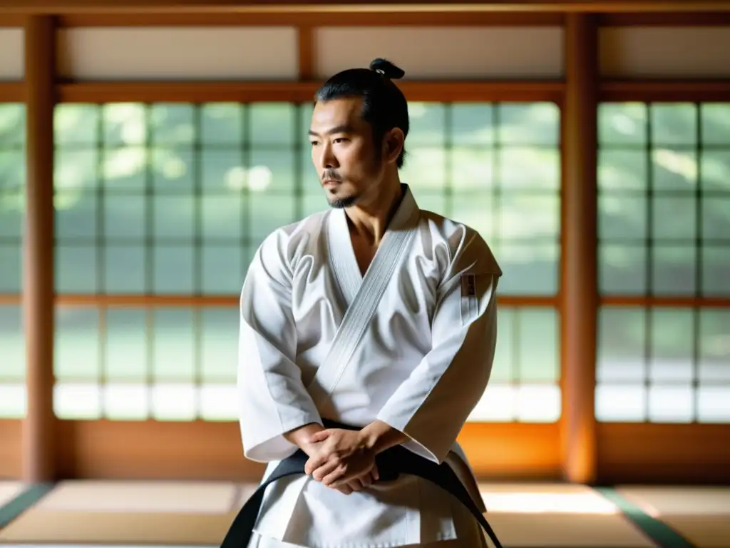 Un practicante experimentado de Aikido en un gi blanco tradicional, demostrando un movimiento fluido y poderoso en un dojo sereno con luz natural