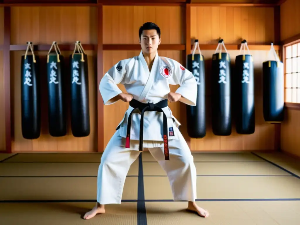 Maestría en Karate: Fuerza Mental y Disciplina Un practicante experimentado de karate realiza un kata con determinación en un dojo tradicional, transmitiendo fortaleza mental en combate karate