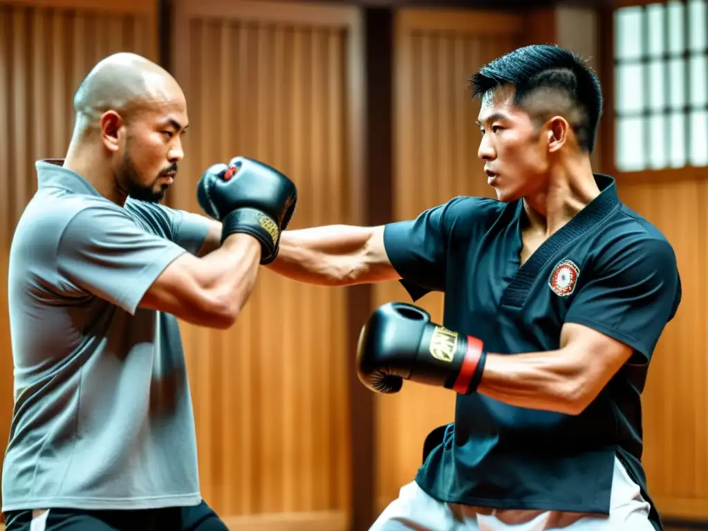 Un practicante experimentado de Wing Chun ejecuta un poderoso golpe con intensidad, mostrando la filosofía y técnicas del Wing Chun en combate real