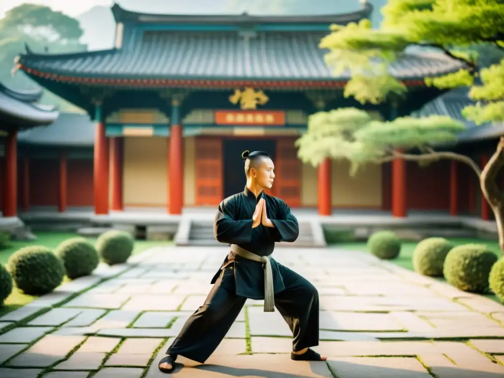 Un practicante experimentado de Kung Fu muestra su postura en un patio sereno, rodeado de exuberante vegetación y antiguas estructuras de piedra