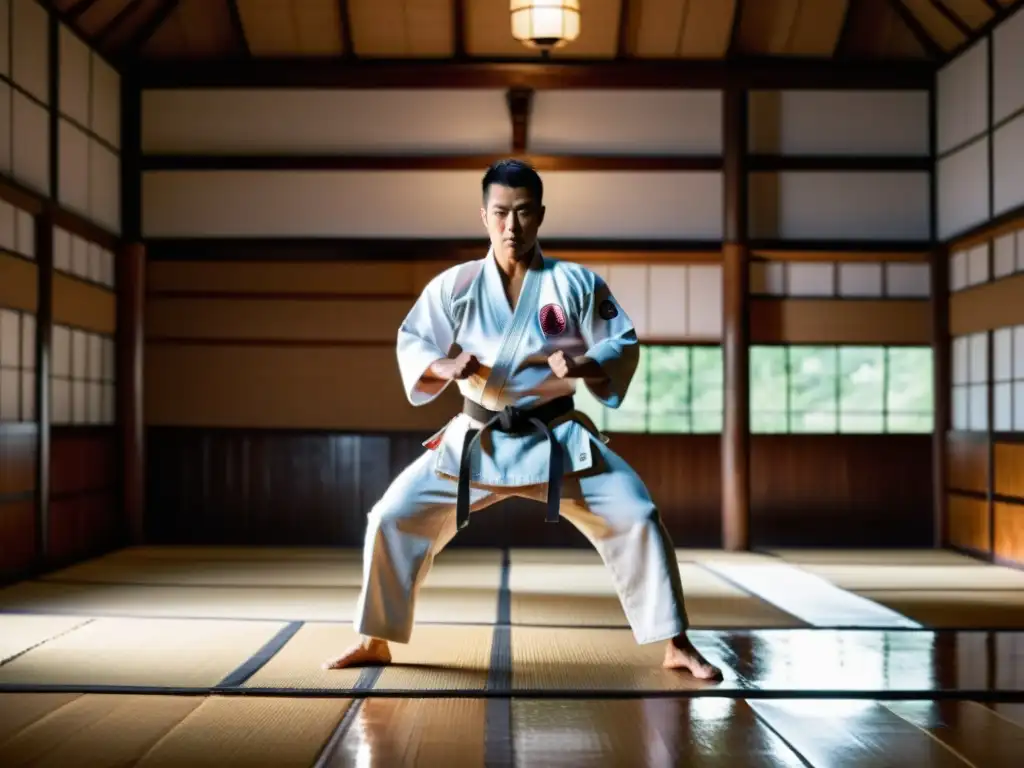 Un practicante experimentado de Kyokushin Karate ejecuta una potente patada alta en un dojo tenue, con músculos tensos y definidos, exudando determinación y disciplina