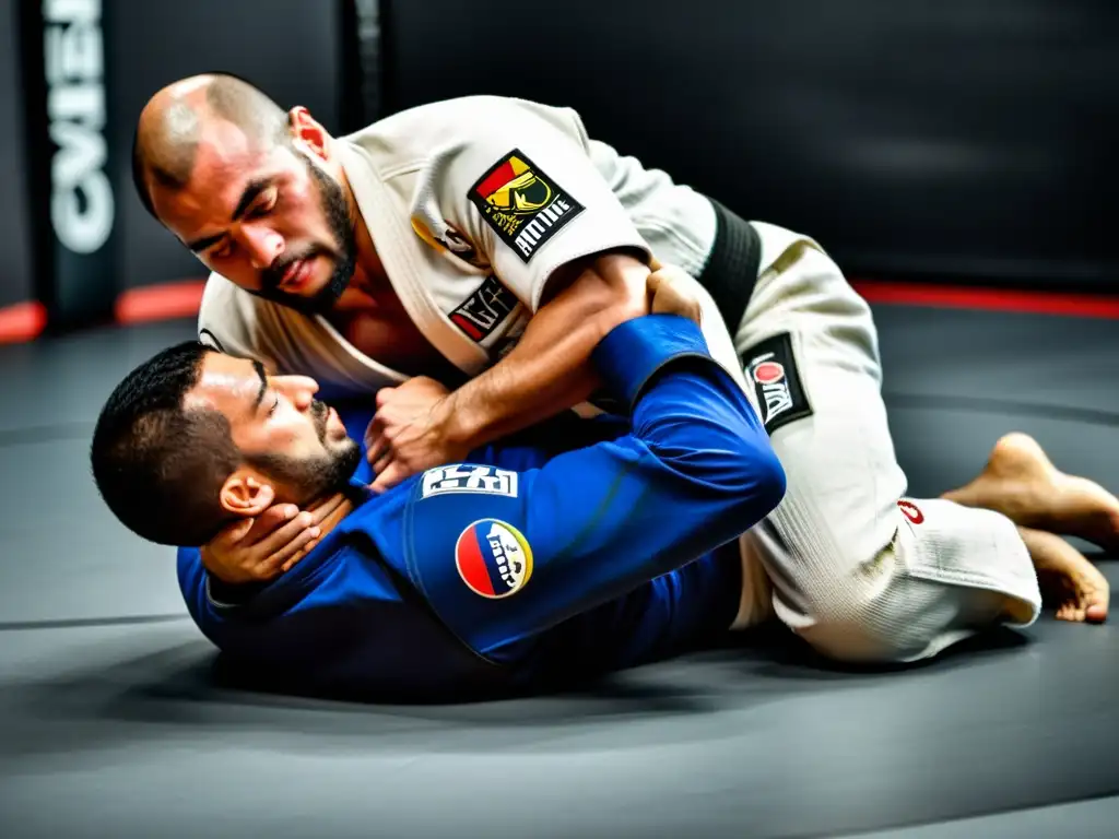 Un practicante experto de Jiu Jitsu Brasileño ejecutando una llave de brazo impecable, con enfoque e determinación intensos