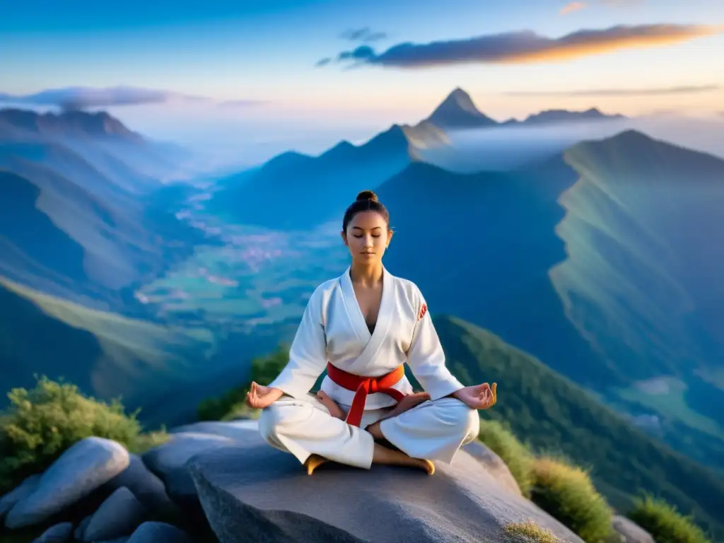 Un practicante experto de judo realiza una compleja postura de yoga en una cima serena al amanecer, con valles brumosos y picos lejanos