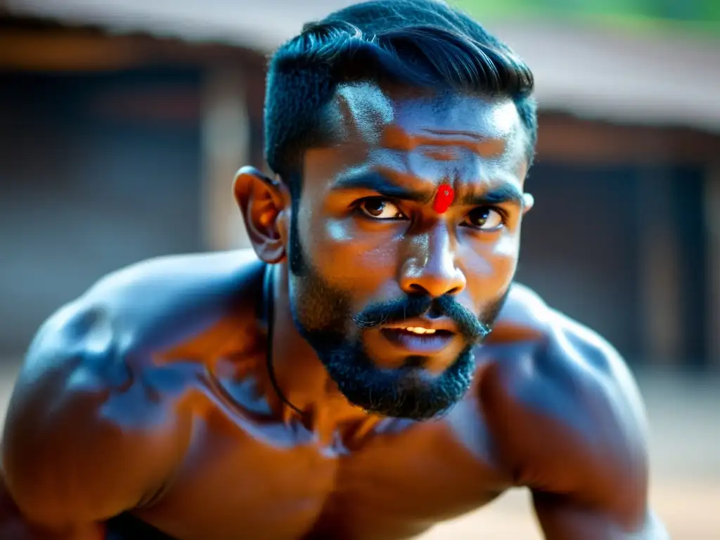 Practicante de Kalaripayattu ejecuta un golpe preciso con determinación, reflejando la influencia del Kalaripayattu en el cine