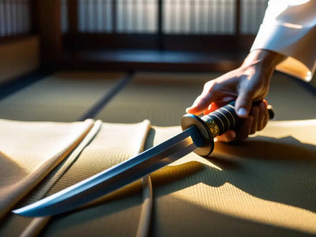 Un practicante de Iaido desenvaina una katana en un dojo iluminado por el sol, mostrando la artesanía de las mejores katanas