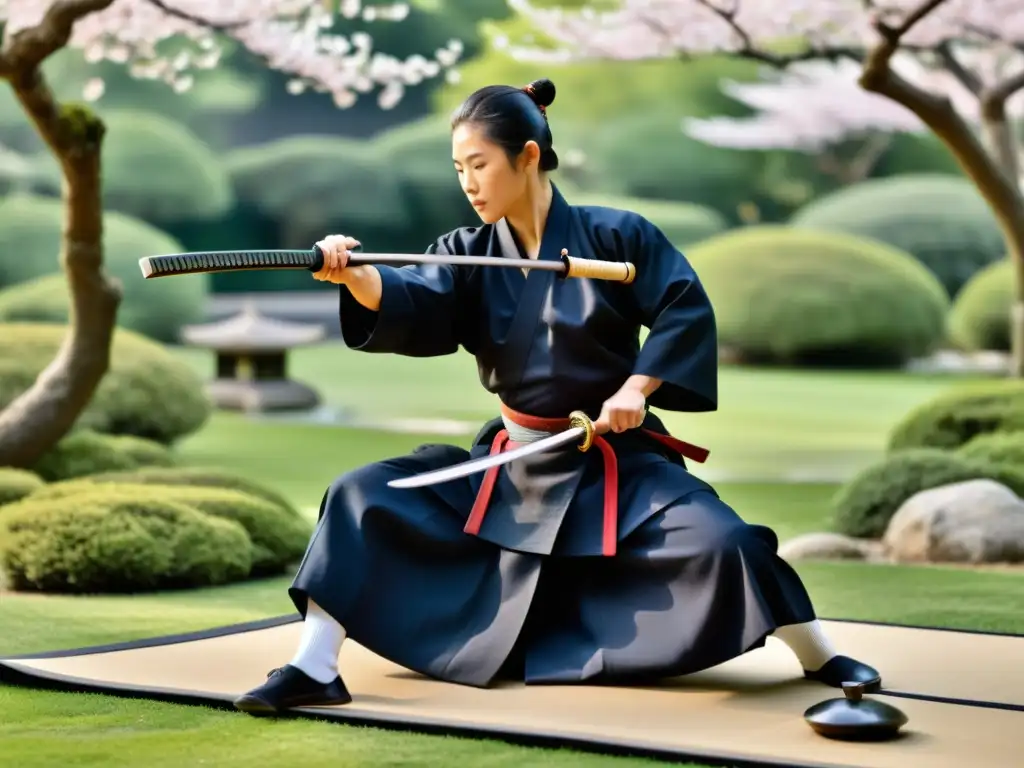 Practicante de iaido en vestimenta tradicional japonesa realiza una técnica fluida y precisa, con jardín japonés sereno de fondo