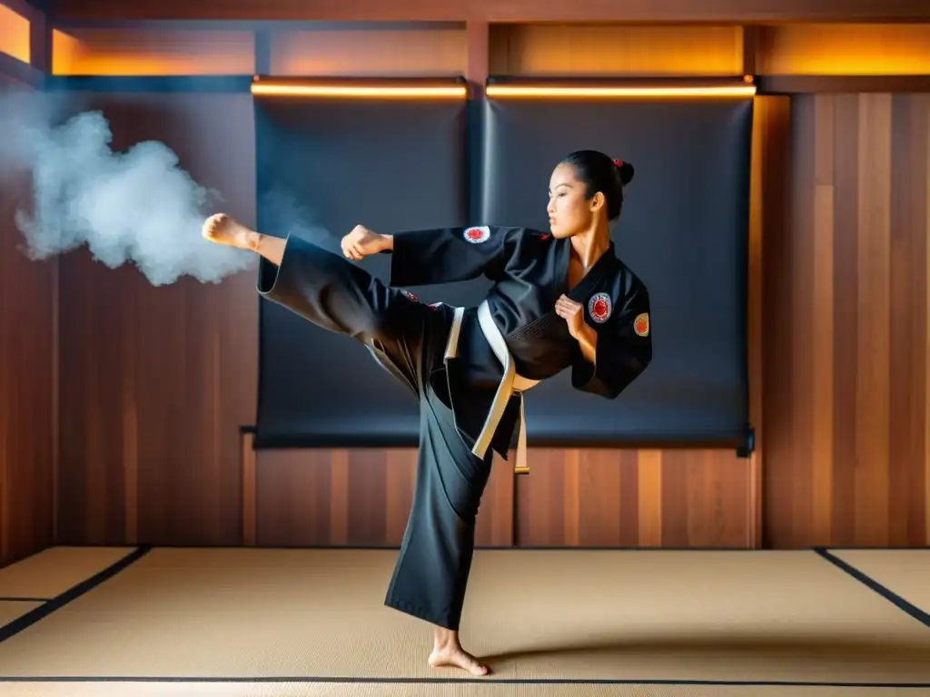 Un practicante de karate con un gi inteligente negro ejecutando una patada alta en un dojo tradicional