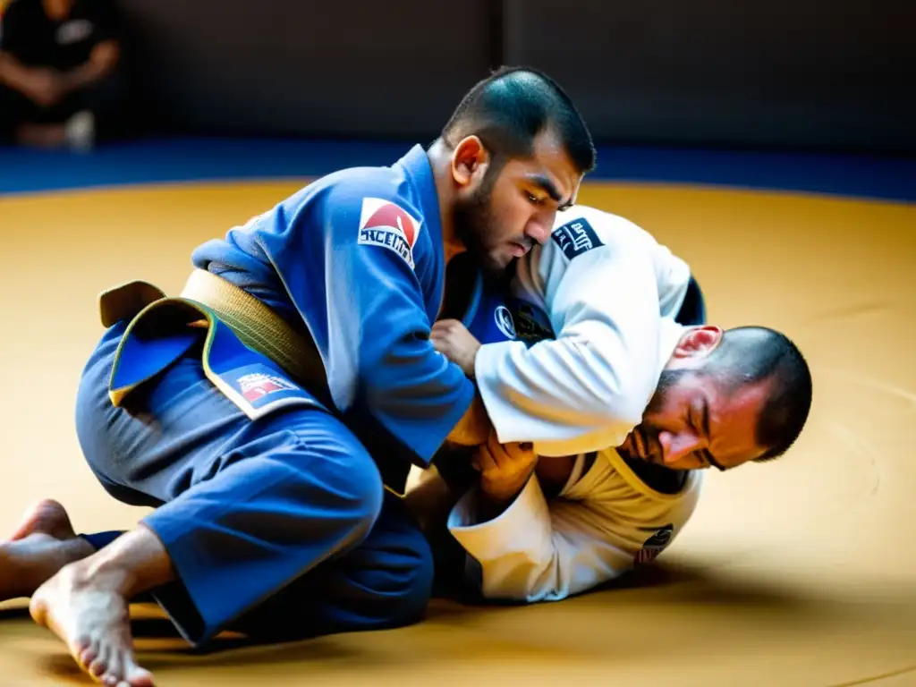 Un practicante de Jiu-Jitsu Brasileño ejecutando una técnica precisa en competencia, mostrando concentración y determinación