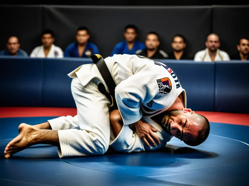 Un practicante de JiuJitsu ejecuta una técnica de sumisión con determinación en una competencia, destacando la concentración y esfuerzo físico