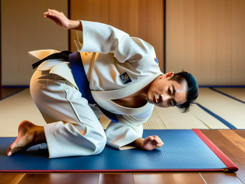 Un practicante de judo ejecuta un lanzamiento perfecto en un kimono blanco, mostrando la intensidad y precisión de este arte marcial