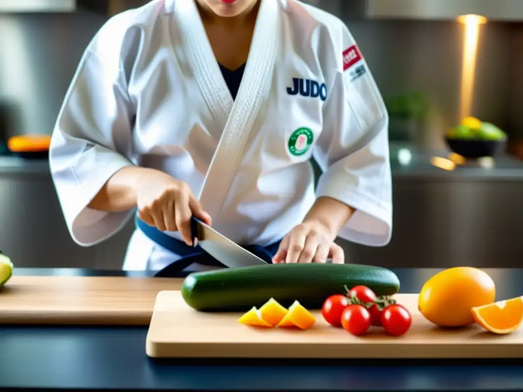 Un practicante de judo prepara snacks saludables antes de la clase de artes marciales, mostrando determinación y enfoque en la cocina bien iluminada