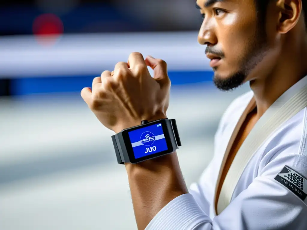 Un practicante de judo usa tecnología wearable para perfeccionar judo, mostrando datos biomecánicos en tiempo real al ejecutar un lanzamiento perfecto en una colchoneta blanca