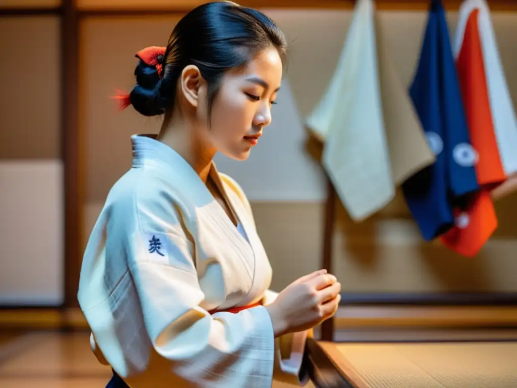 Un practicante de judo examina detenidamente un tradicional kimono, con determinación