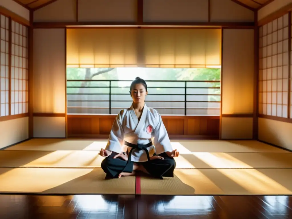 Practicante de karate meditando en un dojo sereno, integrando prácticas zen en karate