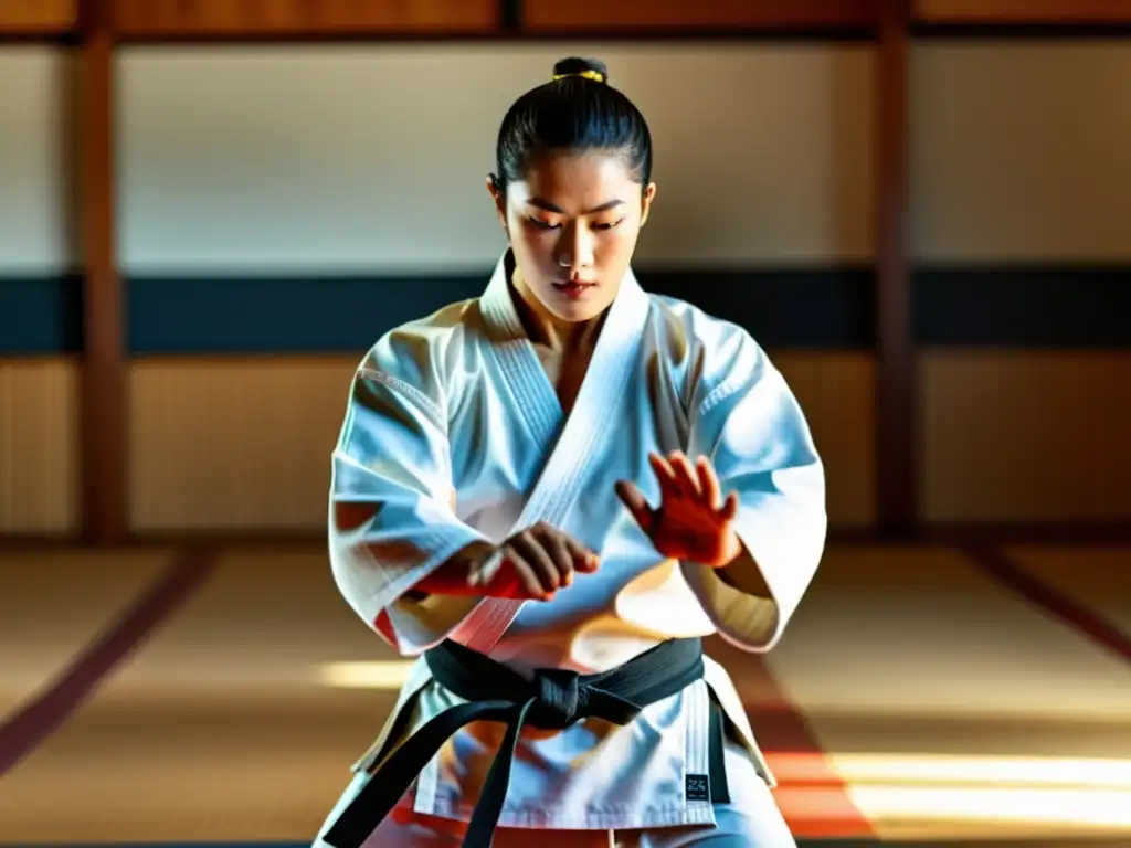 Un practicante de karate ejecuta una kata en un dojo, mostrando fuerza y concentración