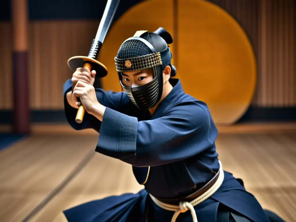 Un practicante de kendo con atuendo tradicional japonés muestra dedicación y espíritu samurai al realizar movimientos precisos con una katana