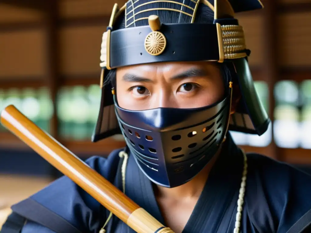 Un practicante de kendo concentrado con bogu y shinai, reflejando el impacto del Kendo en Japón