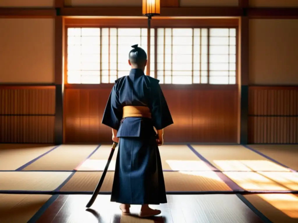 Practicante de kendo en un dojo sereno con bokken, reflejando el camino espiritual del kendo