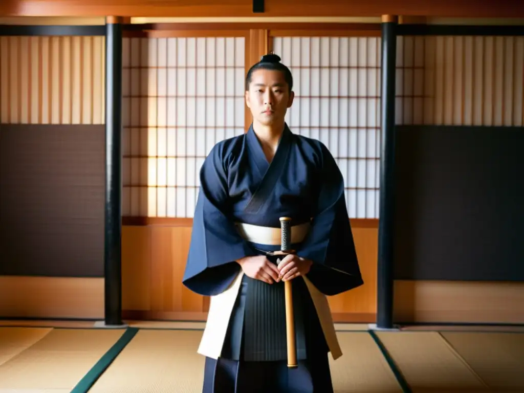 Un practicante de kendo en un dojo tradicional, con keikogi y hakama blancos, muestra la relevancia cultural del Kendo en Japón