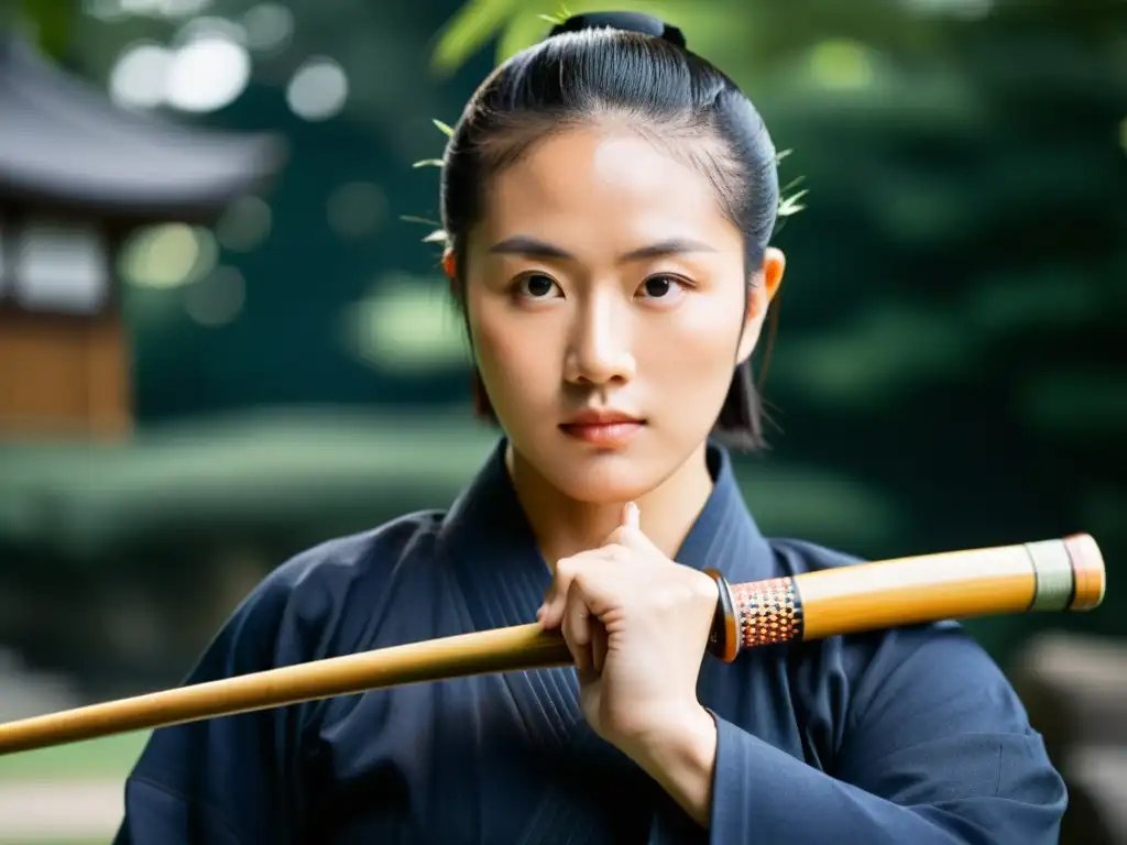 Un practicante de kendo, con expresión determinada y vestimenta tradicional, muestra la cultura y disciplina del kendo en un jardín japonés sereno