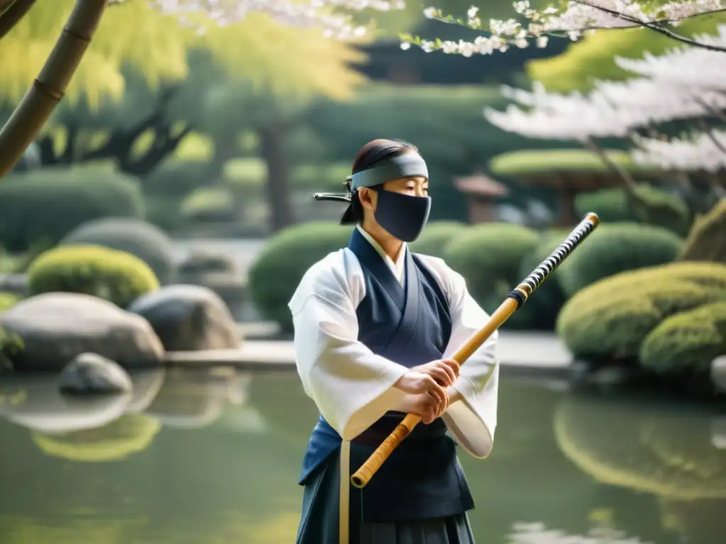 Un practicante de kendo en un jardín japonés, sosteniendo un sable de bambú