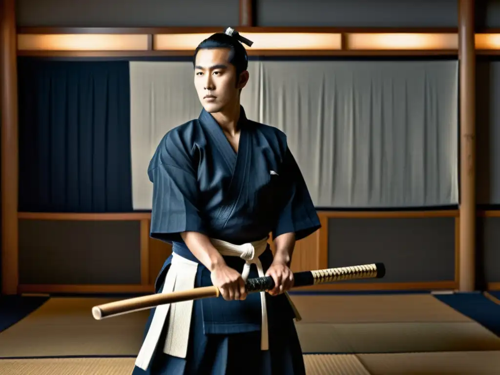 Un practicante de kendo con keikogi en un dojo, concentrado y determinado, sosteniendo un shinai en posición de ataque