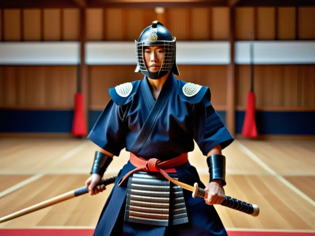 Un practicante de kendo moderno en un intenso combate, destacando la armadura tradicional de kendo