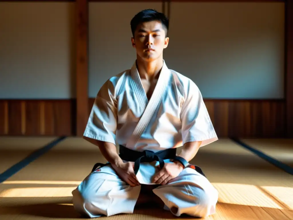 Un practicante de karate en meditación, listo para competiciones