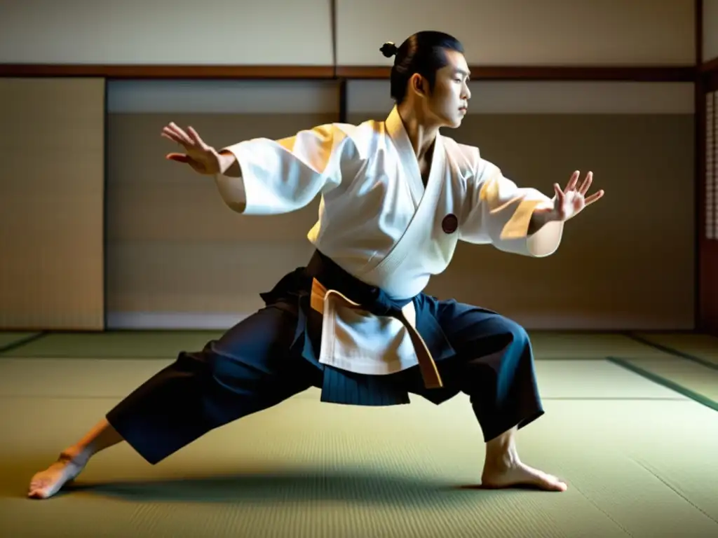 Un practicante maestro de Aikido realiza movimientos precisos en un dojo tradicional, vistiendo un hakama blanco impecable