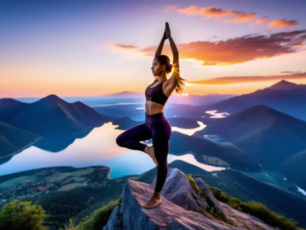 Practicante de yoga marcial en la cima de la montaña al amanecer, reflejado en un lago sereno