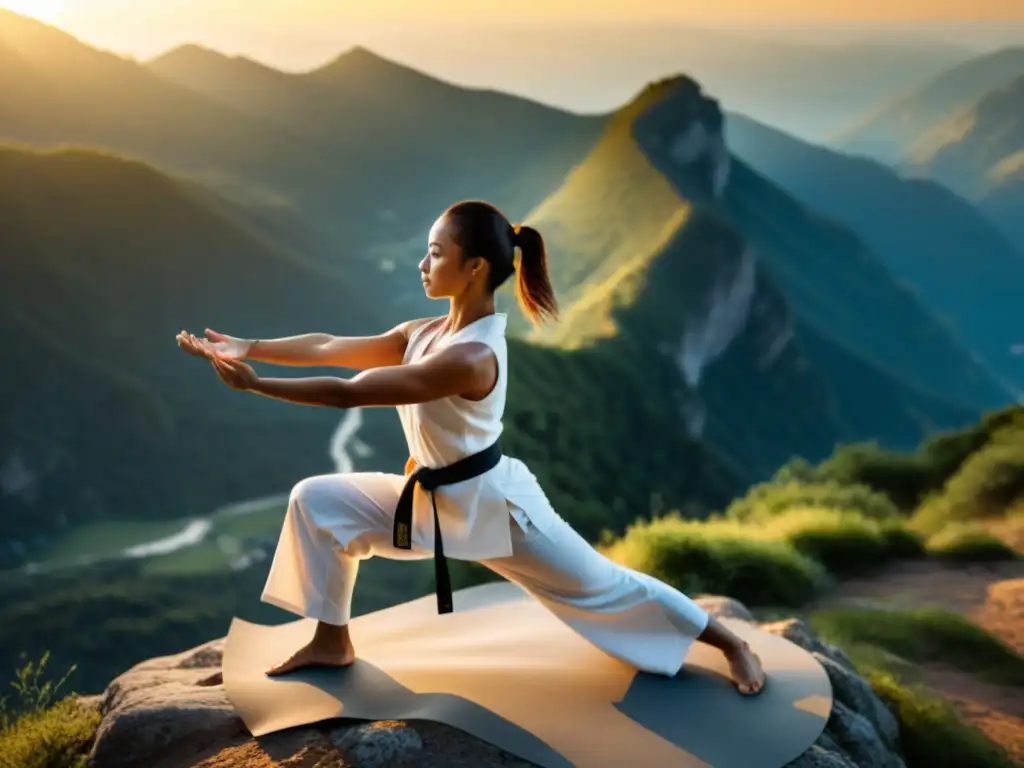 Practicante de yoga marcial para flexibilidad en la cima de la montaña al amanecer